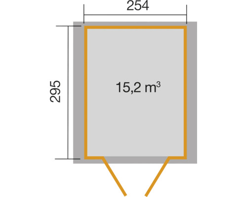 Grundrisszeichnung eines Gartenhauses mit den Maßen 254 mal 295 Zentimeter und einem Volumen von 15,2 Kubikmeter