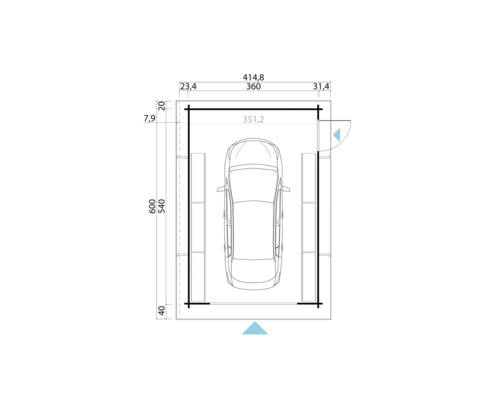 Grundriss einer Garage mit Abmessungen und einem Auto darin