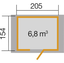 Grundriss mit den Maßen 205 x 154 cm und einem Volumen von 6,8 Kubikmetern