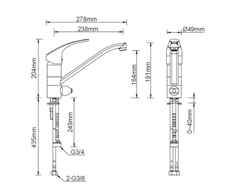 Schéma technique d''un robinet de cuisine avec dimensions