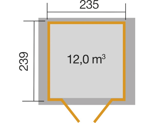 Plan avec les dimensions 235 sur 239 et volume 12 mètres cubes
