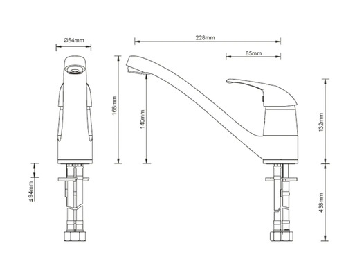 Technische Zeichnung einer Küchenarmatur mit Maßangaben