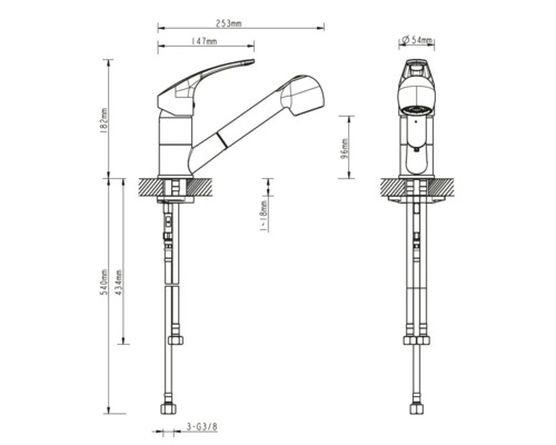 Dessin technique d''un robinet de cuisine avec douchette extractible et indications de mesure