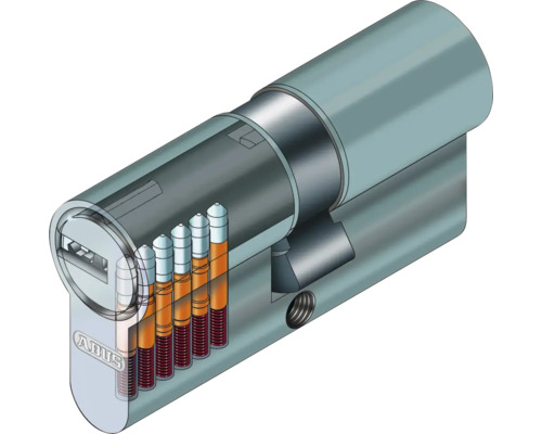 Illustration eines Stiftzylinders mit Innenansicht und ABUS Logo.