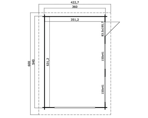 Grundrisszeichnung eines Gartenhauses mit Maßangaben