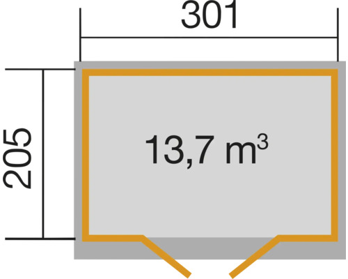 Plan avec les dimensions 301 sur 205 et un volume de 13,7 mètres cubes.