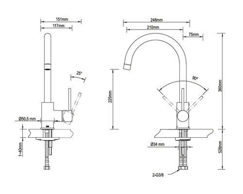 Schéma technique d''un robinet de cuisine avec indication des dimensions