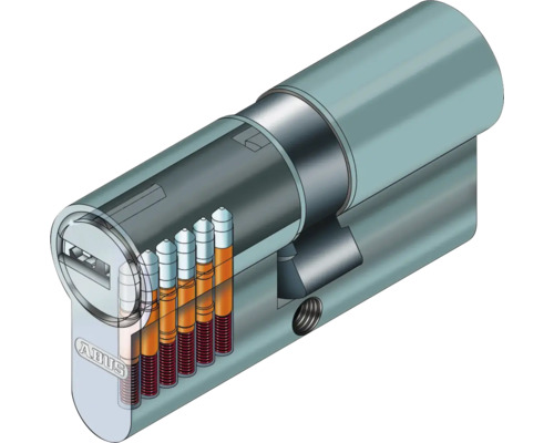 Illustration eines Profilzylinders mit sichtbarem Innenleben und ABUS Logo