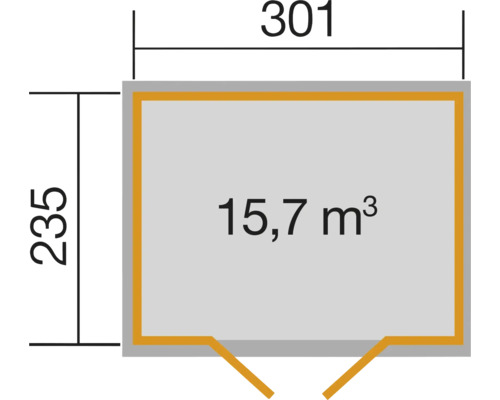 Plan avec dimensions 301 sur 235 et un volume de 15,7 mètres cubes