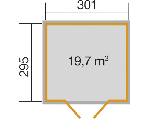 Plan avec les dimensions 301 x 295 et 19,7 mètres cubes