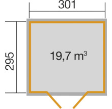 Grundriss mit den Maßen 301 x 295 Zentimeter und einem Volumen von 19,7 Kubikmetern