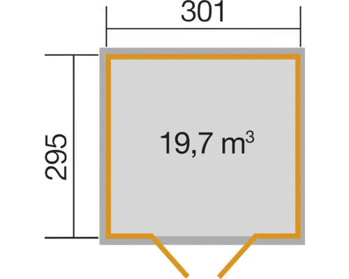 Plan avec les dimensions 301 x 295 centimètres et un volume de 19,7 mètres cubes