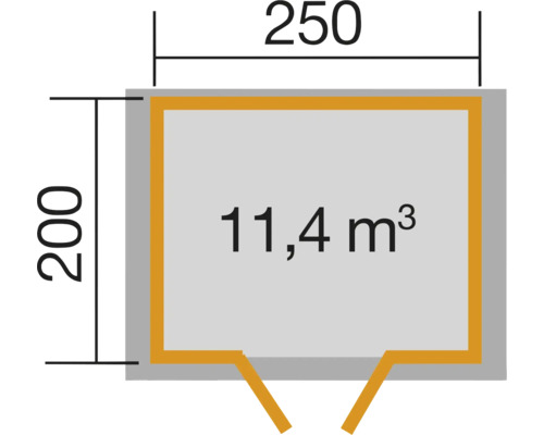 Plan avec dimensions : 250 x 200, volume de 11,4 mètres cubes