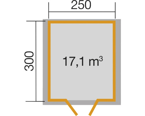 Plan avec des dimensions de 250 x 300 et un volume de 17,1 mètres cubes