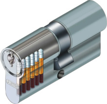Illustration eines Zylinderschlosses mit sichtbarem Innenleben und ABUS Logo