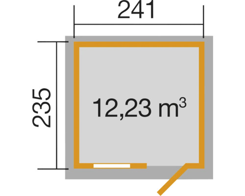 Grundriss mit den Maßen 241 mal 235 Zentimeter und 12,23 Kubikmeter Rauminhalt