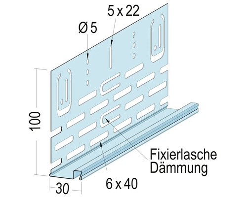 Schematische Darstellung einer Metallschiene mit Abmessungen und Befestigungslöchern