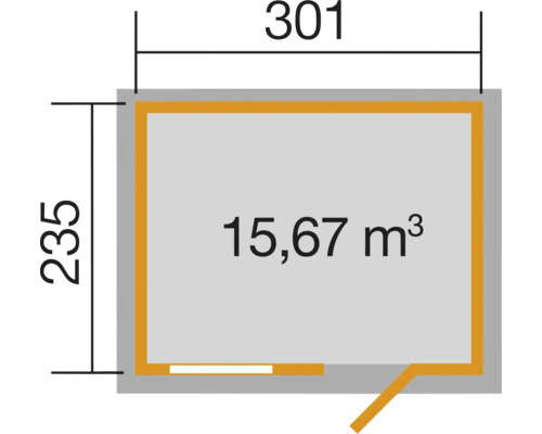 Plan avec les dimensions 301 sur 235 et un volume de 15,67 mètres cubes