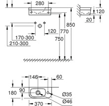 Schéma technique d''un lavabo avec indications de dimensions