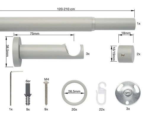 Tringle à rideaux avec accessoires et dimensions