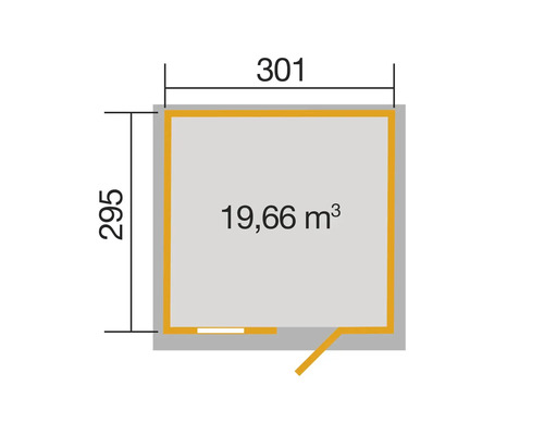 Plan avec des dimensions de 301 sur 295 centimètres et un volume de 19,66 mètres cubes