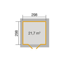 Plan d''un abri de jardin mesurant 298 sur 298 et d''un volume de 21,7 mètres cubes