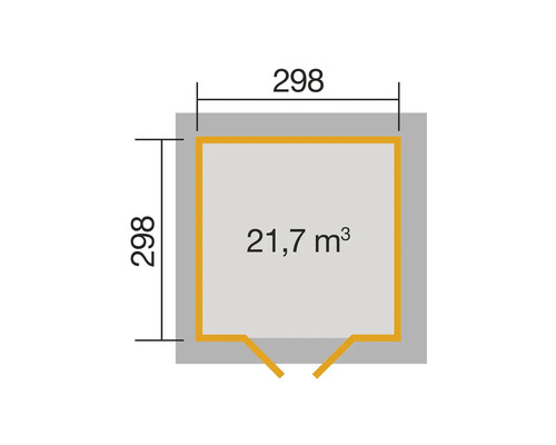 Plan d''un abri de jardin mesurant 298 sur 298 et d''un volume de 21,7 mètres cubes
