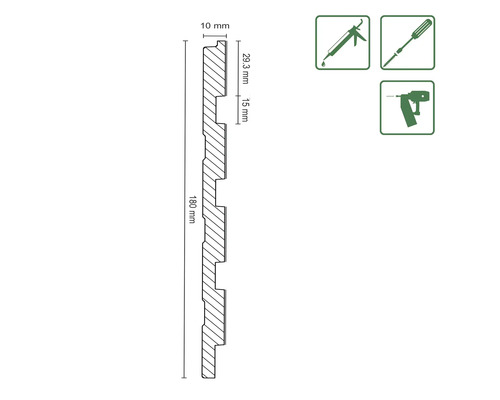 Dessin technique d''une plinthe mesurant 180 millimètres de long, 10 millimètres d''épaisseur et 29,3 millimètres de large