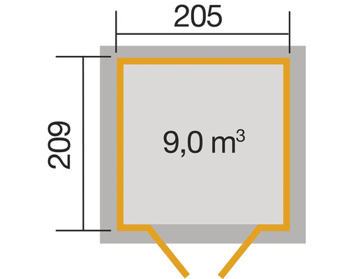 Plan avec des dimensions de 205 sur 209 centimètres et un volume de 9,0 mètres cubes