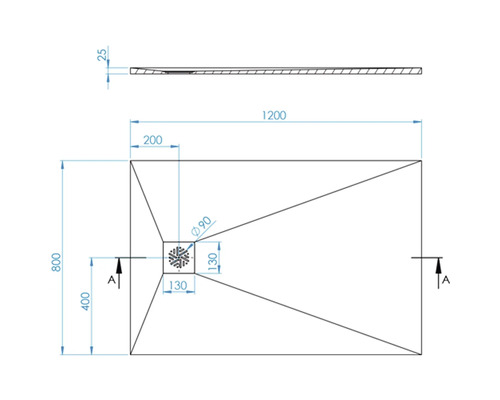 Technische Zeichnung einer Duschwanne mit Maßangaben