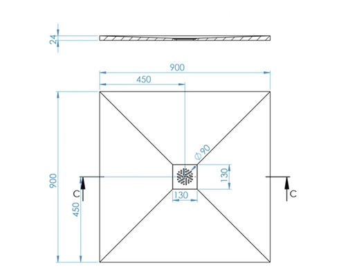 Technische Zeichnung einer Duschwanne mit Maßen 900 x 900 mm