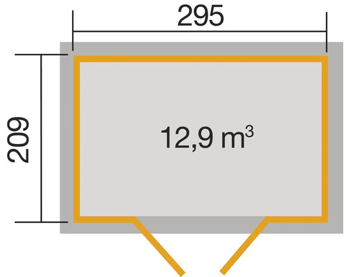 Plan avec les dimensions 295 x 209 et un volume de 12,9 mètres cubes