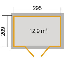 Grundriss mit den Maßen 295 mal 209 und einem Volumen von 12,9 Kubikmeter
