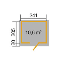 Grundriss mit den Maßen 241 mal 205 und einem Volumen von 10,6 Kubikmeter