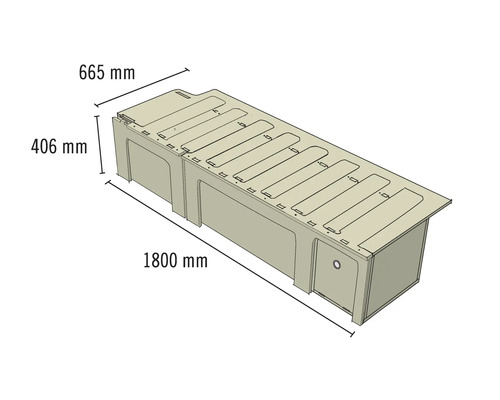 Skizze eines Möbelbausatzes mit den Maßen 1800 mm Länge, 665 mm Breite und 406 mm Höhe