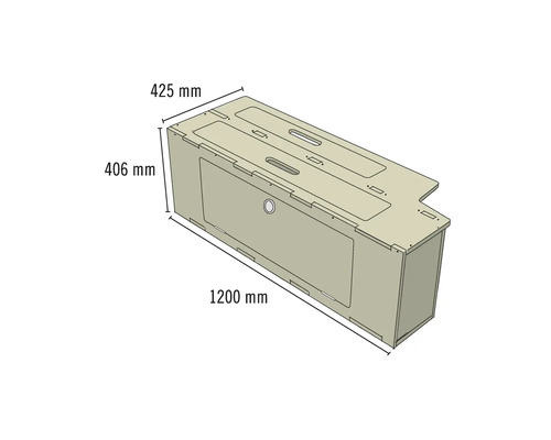 Darstellung eines Möbelstücks mit den Maßen 425 mm, 406 mm und 1200 mm.