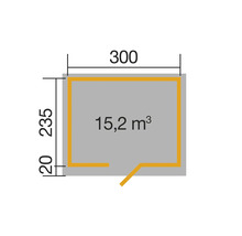 Grundriss mit den Maßen 300 mal 235 Zentimeter und einer Fläche von 15,2 Kubikmeter