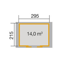 Grundrisszeichnung mit den Maßen 215 mal 295 Zentimeter und einem Volumen von 14 Kubikmeter.