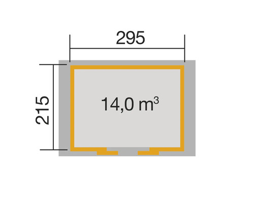 Plan avec des dimensions de 215 sur 295 centimètres et un volume de 14 mètres cubes.
