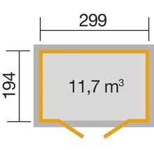 Dessin technique avec dimensions : 299 x 194 et 11,7 mètres cubes