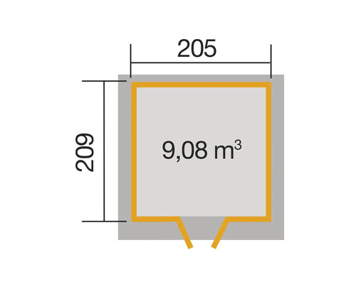 Grundrisszeichnung mit Maßangaben 205 x 209 cm und Volumenangabe 9,08 Kubikmeter