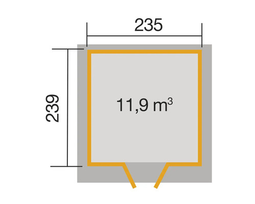 Plan avec les dimensions 235 x 239 cm et 11,9 mètres cubes de volume