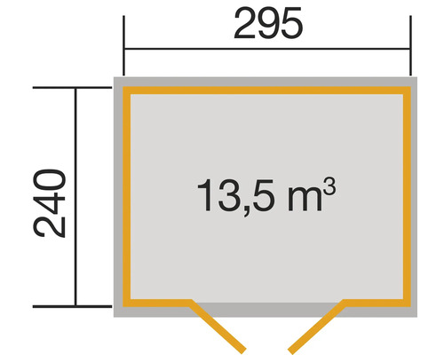 Plan avec dimensions 295 sur 240 et un volume de 13,5 mètres cubes