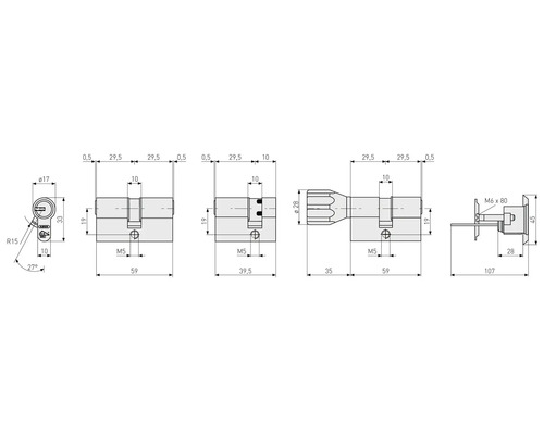 Schéma technique d''un cylindre de serrure avec indication des dimensions