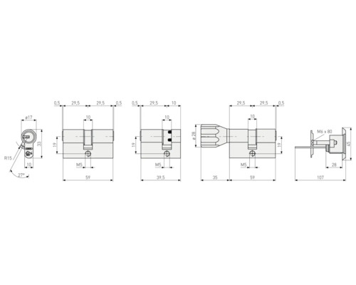 Technische Zeichnung eines Türschlosszylinders mit Maßangaben