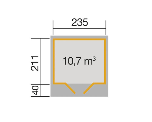 Dimensions de la remise : 235 x 211 cm, volume : 10,7 mètres cubes