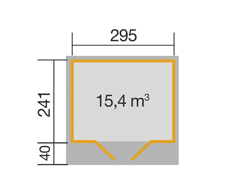 Plan d''un abri de jardin mesurant 295 x 241 centimètres et d''un volume de 15,4 mètres cubes.