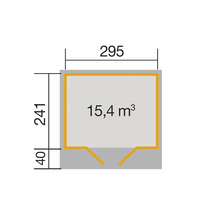 Grundrisszeichnung mit Maßangaben: Breite 295 cm, Tiefe 241 cm, Rauminhalt 15,4 Kubikmeter