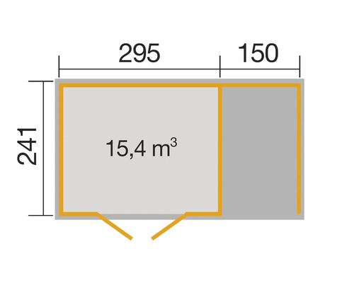 Grundrisszeichnung mit den Maßen 241, 295 und 150 sowie einer Fläche von 15,4 Kubikmeter