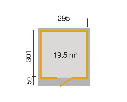 Plan avec les dimensions 295 x 301 cm et un volume de 19,5 mètres cubes.